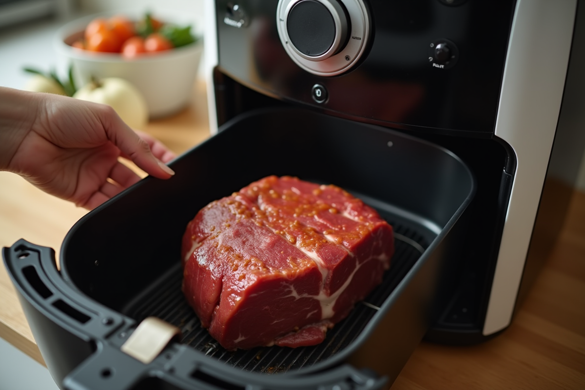 Mains plaçant un rôti mariné dans une friteuse à air en cuisine