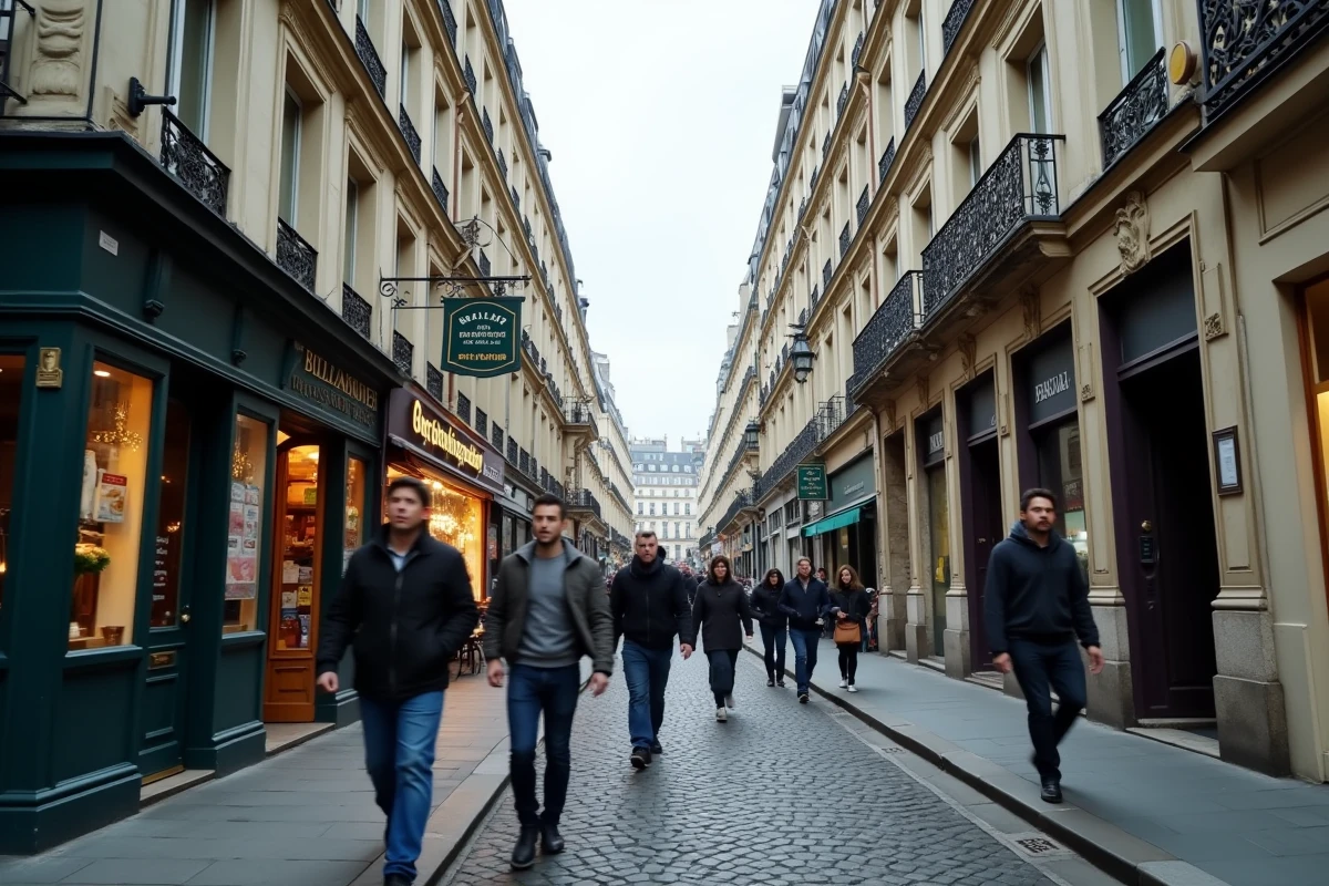 Rue typique d'un quartier parisien populaire avec immeubles haussmanniens et boulangerie de quartier, symbole des racines parisiennes de Jean-Luc Reichmann