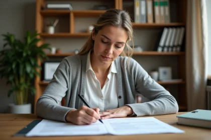 Femme rédigeant une attestation d'hébergement à son bureau à domicile