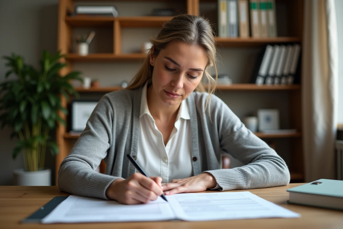 Femme rédigeant une attestation d'hébergement à son bureau à domicile