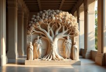 Relief grec ancien représentant les dieux autour d'un arbre mythologique