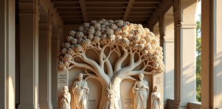 Relief grec ancien représentant les dieux autour d'un arbre mythologique