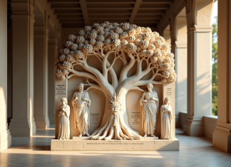 Relief grec ancien représentant les dieux autour d'un arbre mythologique