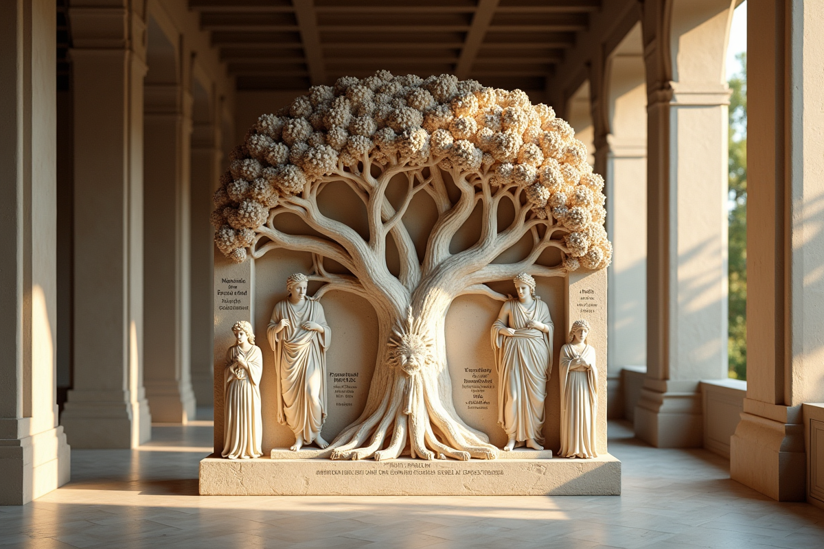 Relief grec ancien représentant les dieux autour d'un arbre mythologique