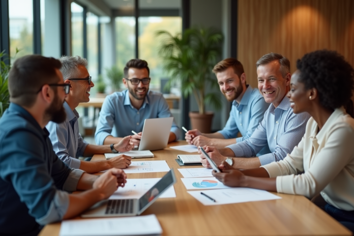 reunion-equipe-collaborative Groupe divers d'adultes en réunion de travail