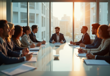 Groupe de professionnels en réunion dans un bureau lumineux