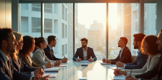 Groupe de professionnels en réunion dans un bureau lumineux