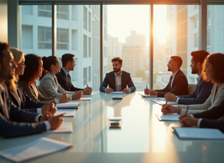 Groupe de professionnels en réunion dans un bureau lumineux