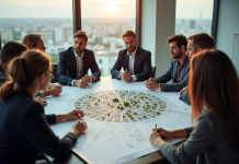 Groupe de personnes autour d'une table en réunion d'urbanisme