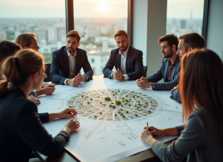 Groupe de personnes autour d'une table en réunion d'urbanisme
