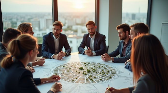Groupe de personnes autour d'une table en réunion d'urbanisme