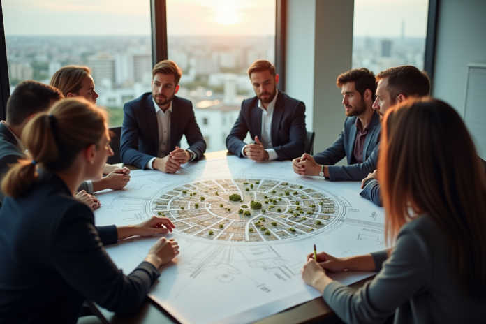 Groupe de personnes autour d'une table en réunion d'urbanisme