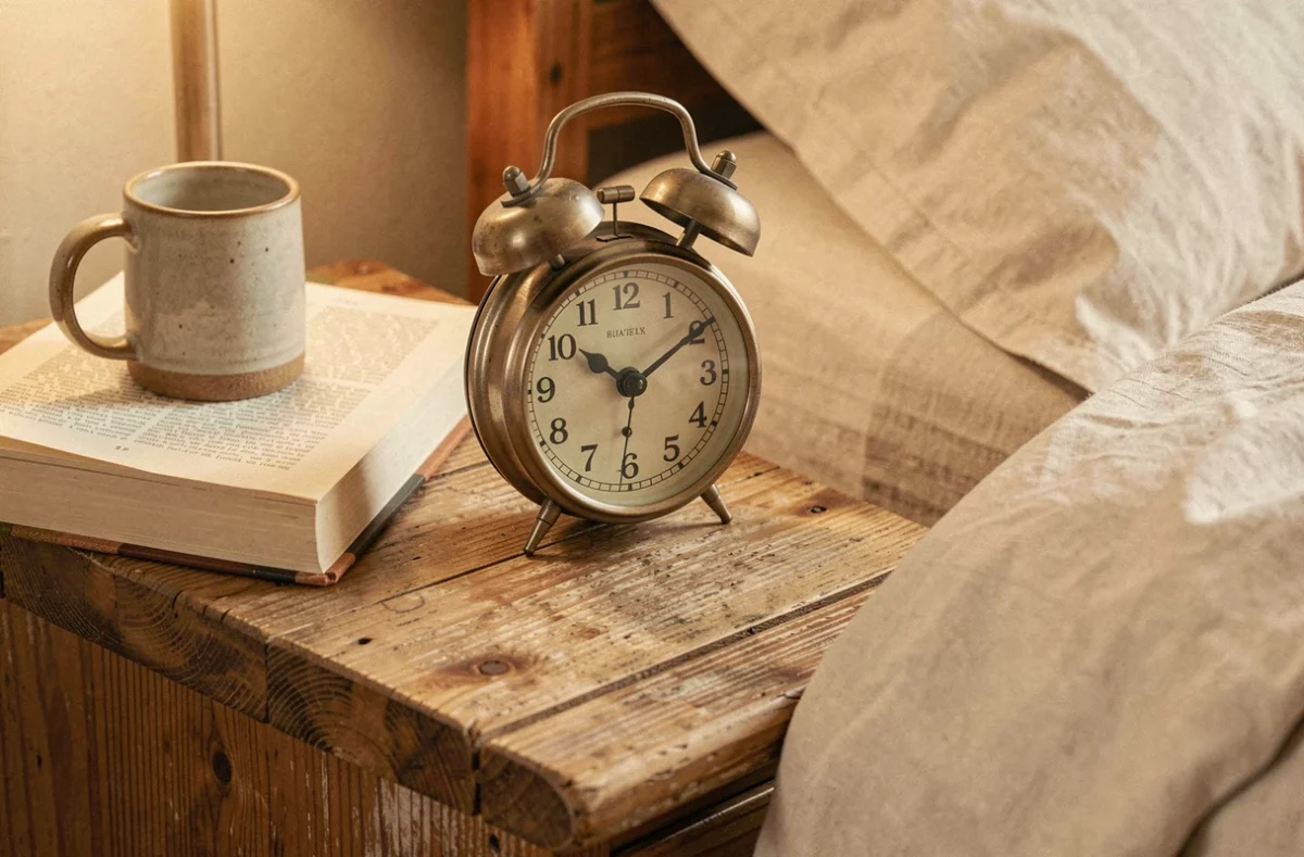 Réveil analogique vintage affichant 14h41 posé sur une table de nuit en chêne avec un livre et une tasse, ambiance contemplative