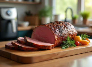 Optimisez votre cuisine avec un rôti à l’air fryer Ninja Rôti cuit tranché avec légumes et herbes sur planche en cuisine