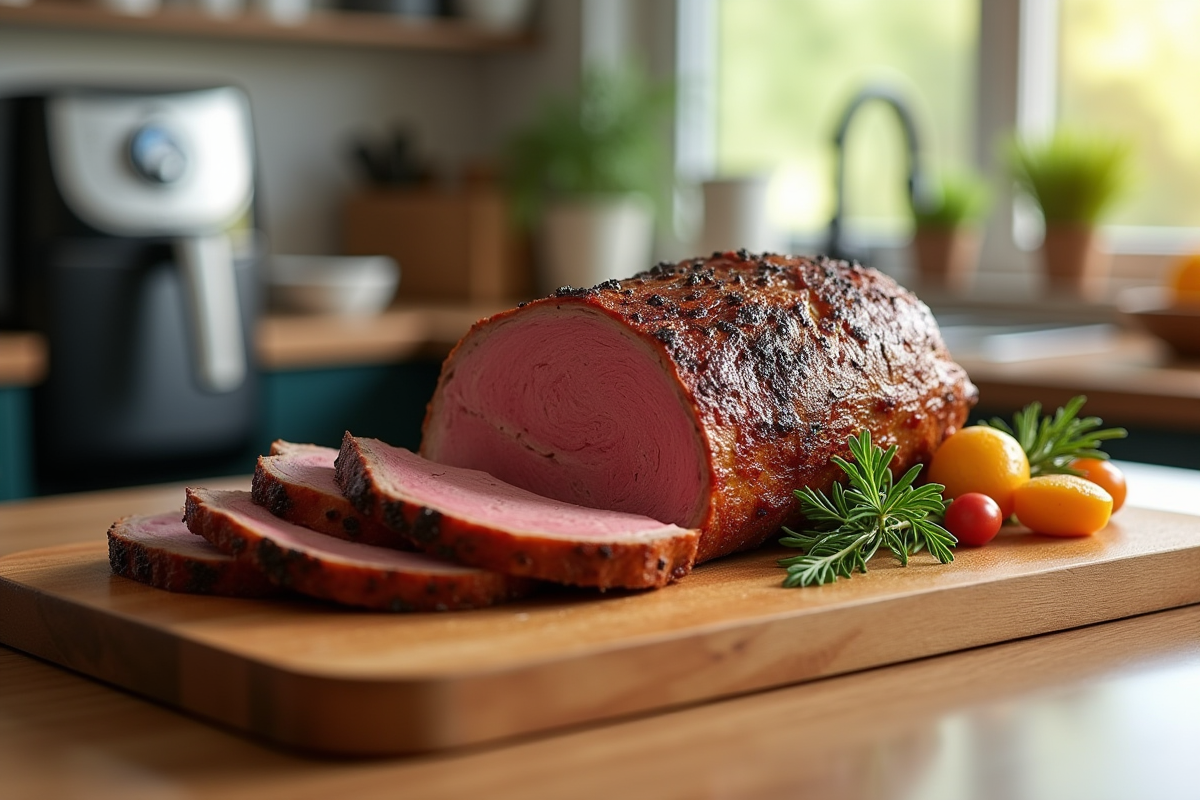 Rôti cuit tranché avec légumes et herbes sur planche en cuisine