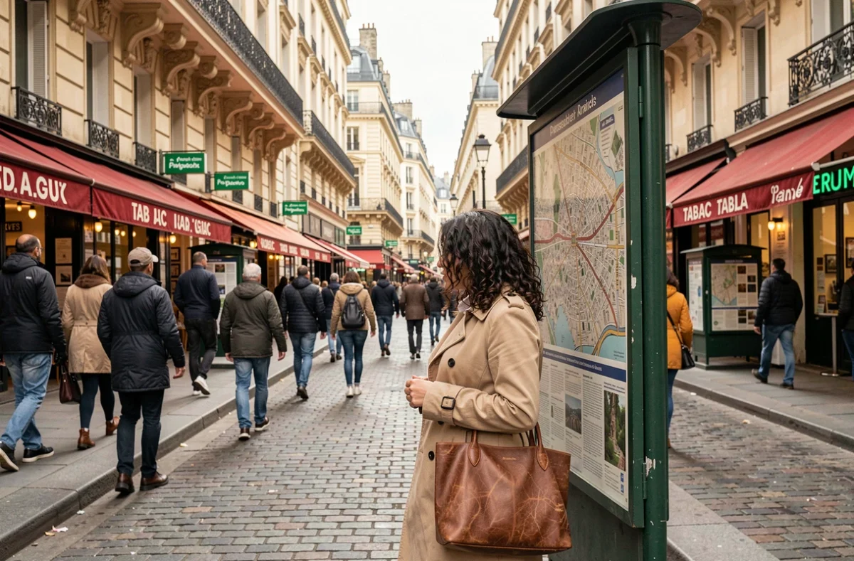 Scène de rue animée dans un arrondissement densément peuplé de Paris avec une passante consultant un plan du quartier