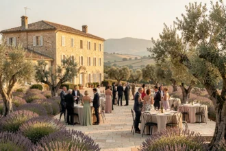 Vue panoramique d'une élégante salle de réception en Provence-Alpes-Côte d'Azur, avec un château en pierre entouré de champs de lavande et d'oliviers centenaires