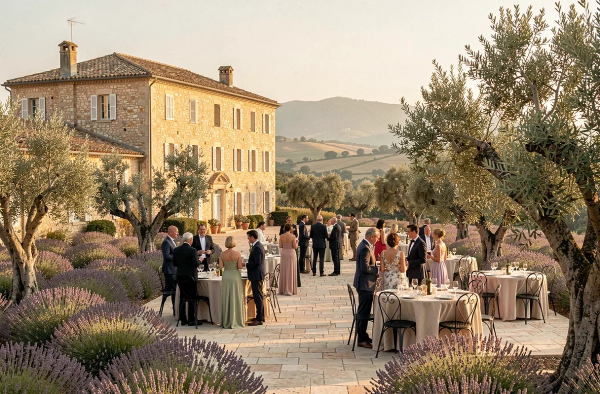 Vue panoramique d'une élégante salle de réception en Provence-Alpes-Côte d'Azur, avec un château en pierre entouré de champs de lavande et d'oliviers centenaires