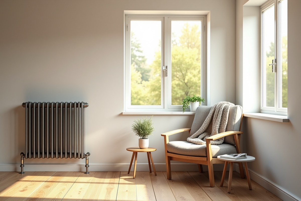 Salon moderne avec radiateur et lumière naturelle