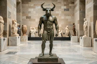 Sculpture en bronze d'un Minotaure mi-homme mi-taureau exposée dans un musée archéologique, représentant le mythe grec de la mythologie antique
