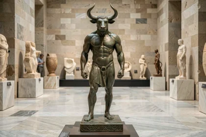 Sculpture en bronze d'un Minotaure mi-homme mi-taureau exposée dans un musée archéologique, représentant le mythe grec de la mythologie antique