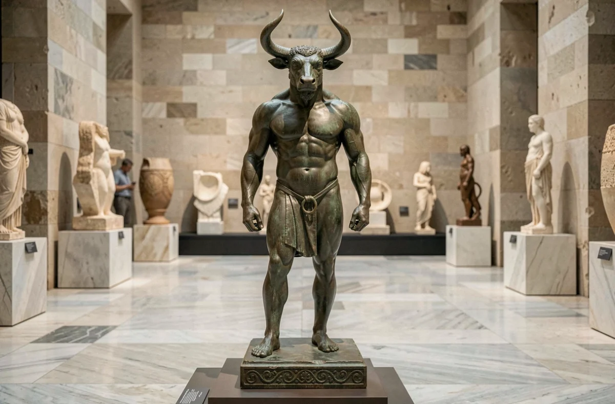 Sculpture en bronze d'un Minotaure mi-homme mi-taureau exposée dans un musée archéologique, représentant le mythe grec de la mythologie antique