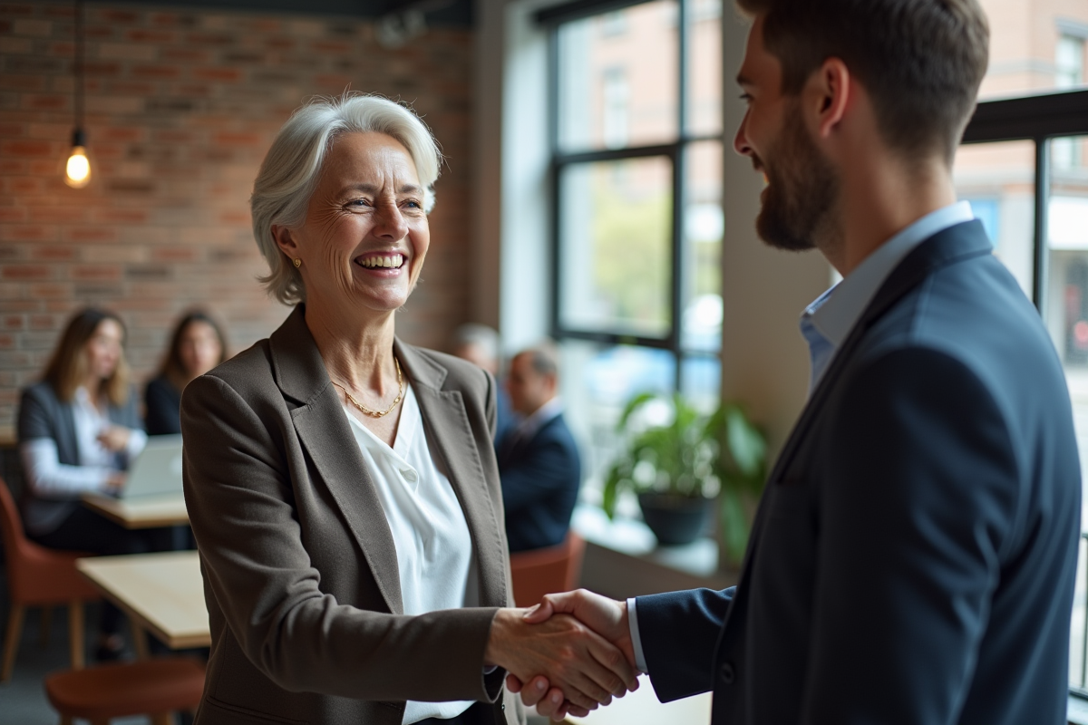 Homme et femme se serrant la main dans un bureau moderne