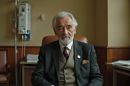 Portrait d'un homme d'État vieillissant dans une chambre d'hôpital diplomatique, évoquant l'exil et la maladie du Shah d'Iran