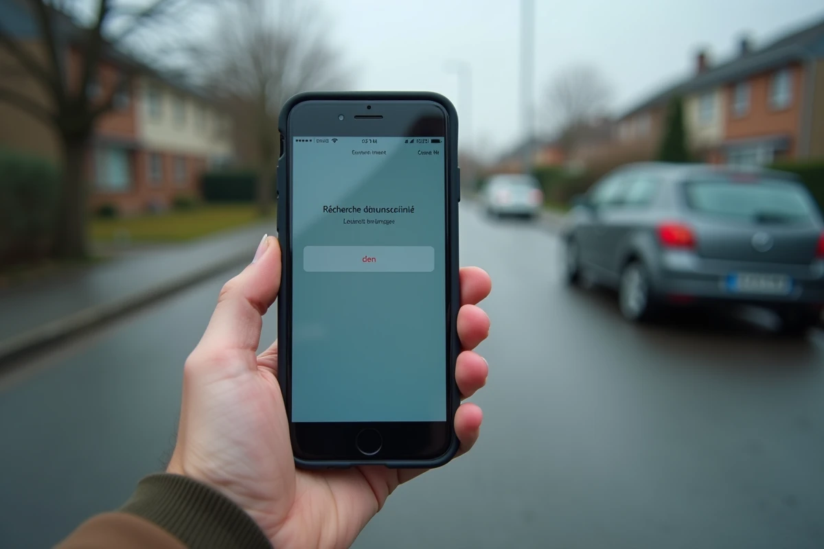Gros plan d'un smartphone affichant l'absence de réseau mobile Free en extérieur dans un environnement urbain