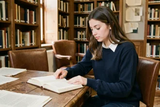 Étudiante lisant un recueil de poésie avec une strophe de 8 vers dans une bibliothèque universitaire
