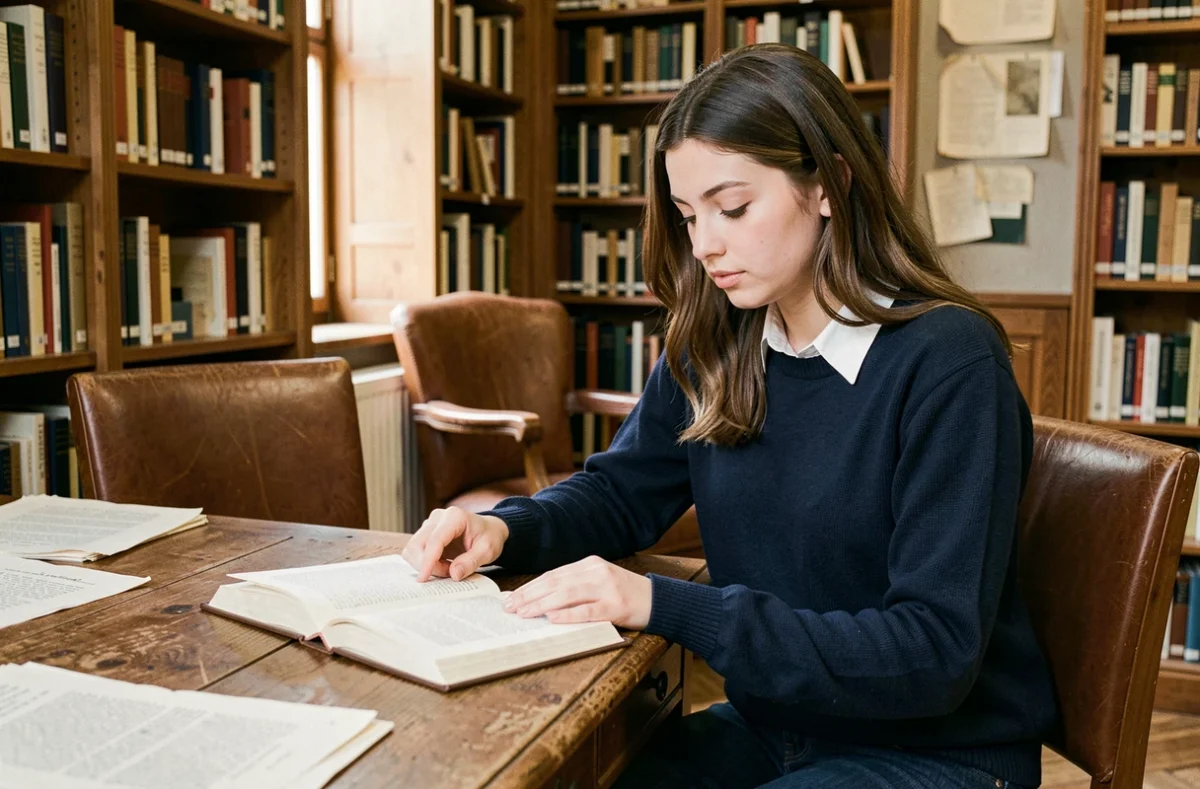 Étudiante lisant un recueil de poésie avec une strophe de 8 vers dans une bibliothèque universitaire