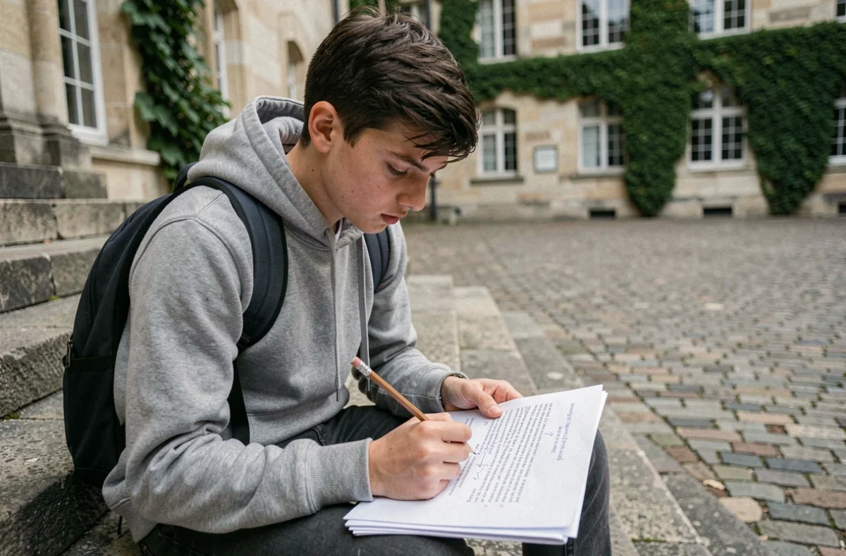 Lycéen révisant une strophe de 8 vers sur des marches en pierre dans la cour d'un lycée français
