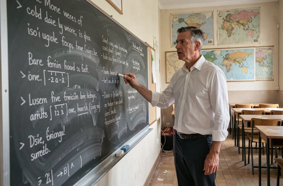 Professeur de littérature française expliquant la structure d'une strophe de 8 vers au tableau en classe