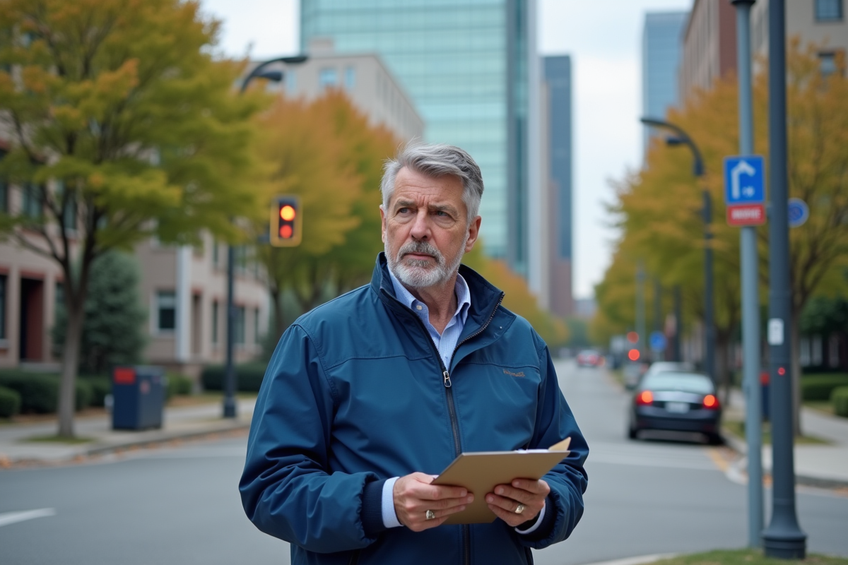 Hommes d urbanisme examinant un panneau de zonage dans la rue