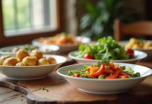 Table rustique avec plats végétariens élégants