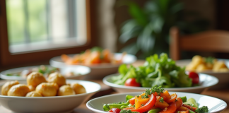 Table rustique avec plats végétariens élégants