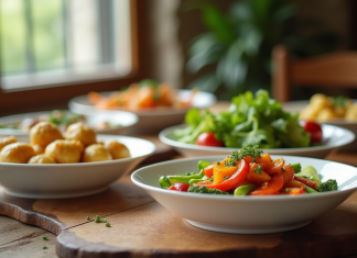 Table rustique avec plats végétariens élégants