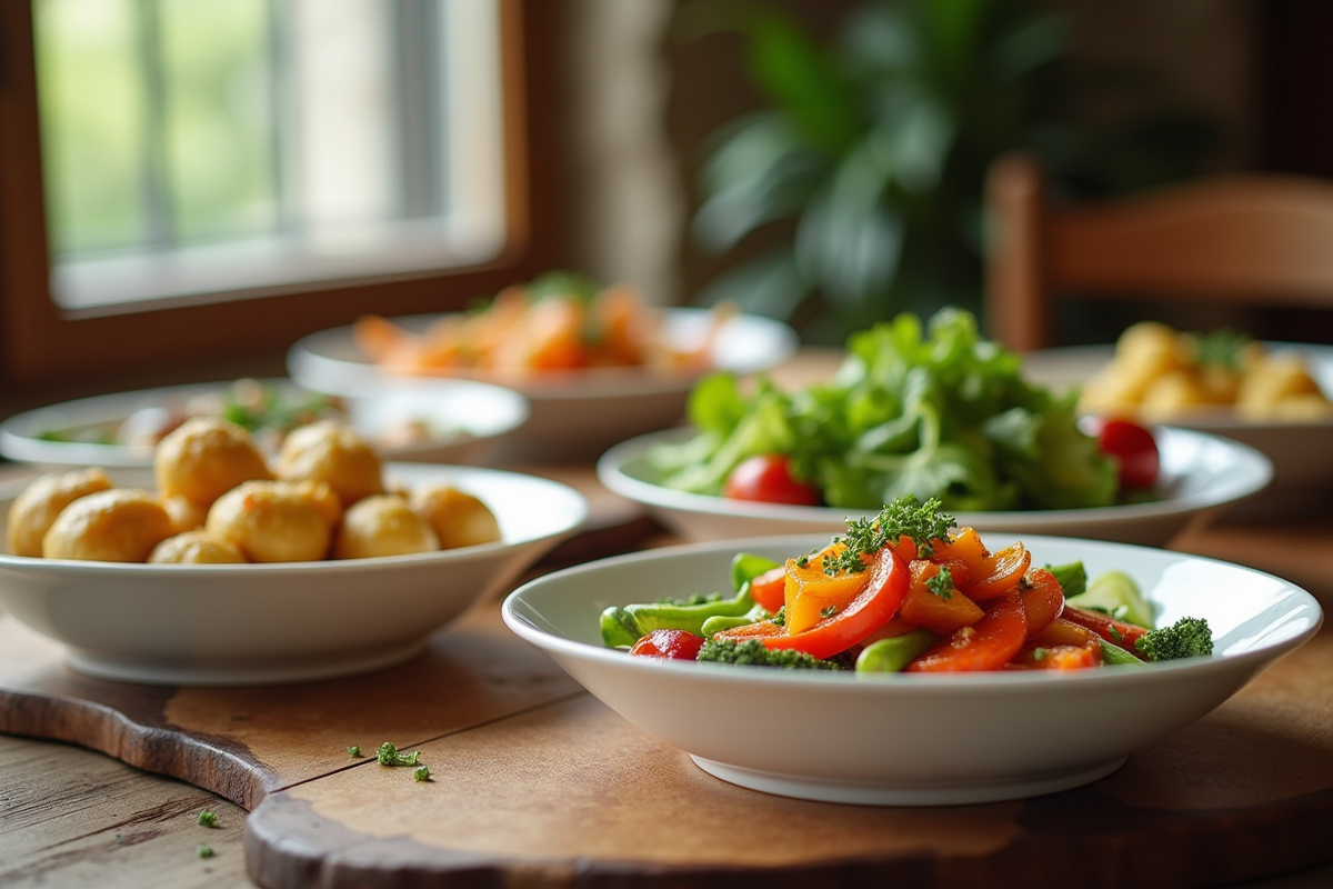 Table rustique avec plats végétariens élégants