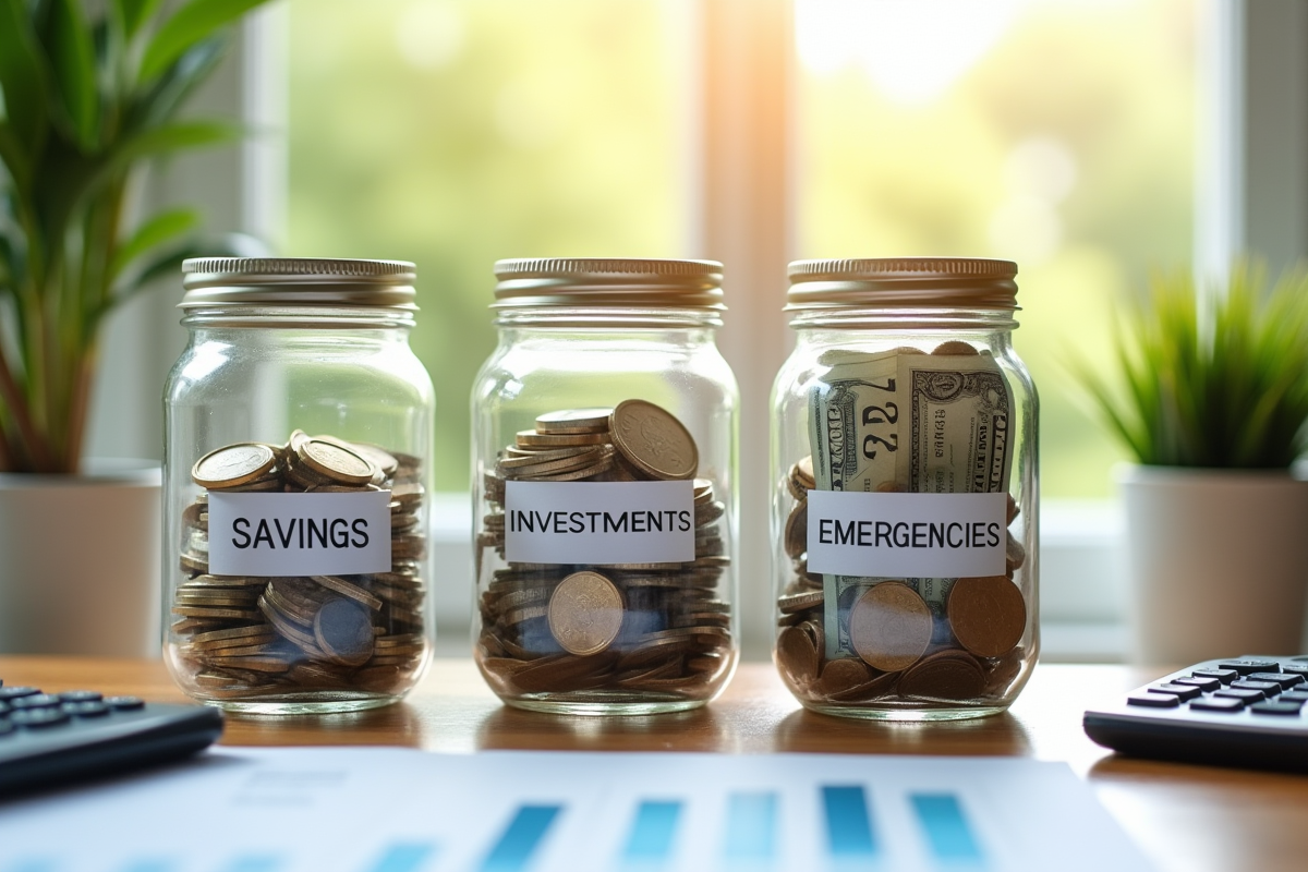 Tirelires avec argent et graphique financier sur un bureau lumineux