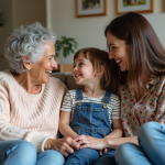 Trois générations de femmes discutent chaleureusement à la maison