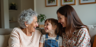 Trois générations de femmes discutent chaleureusement à la maison