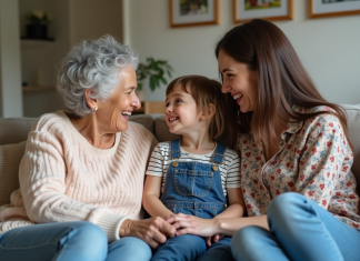 Trois générations de femmes discutent chaleureusement à la maison