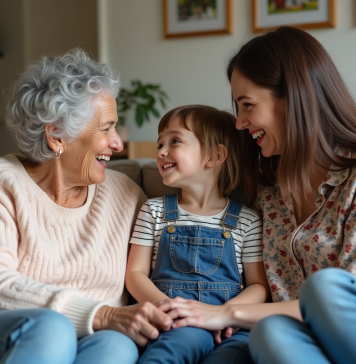 Trois générations de femmes discutent chaleureusement à la maison