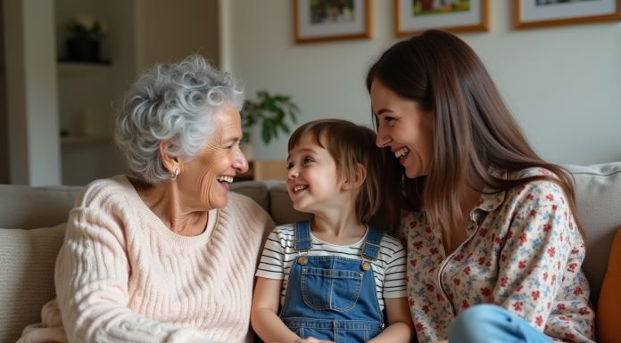 Trois générations de femmes discutent chaleureusement à la maison