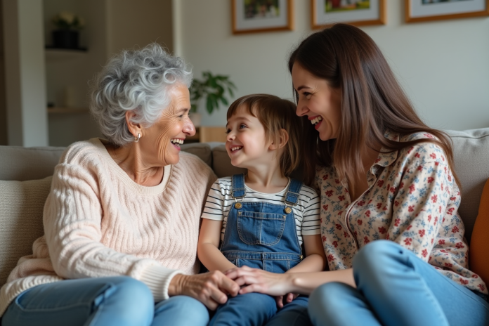 trois-generations-femmes-salon Trois générations de femmes discutent chaleureusement à la maison