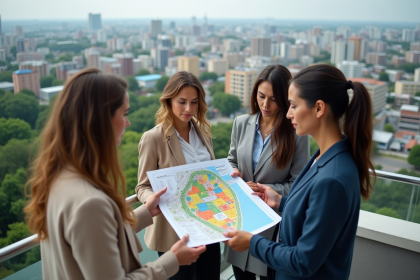 Groupe d urbanistes sur un toit avec vue sur la ville