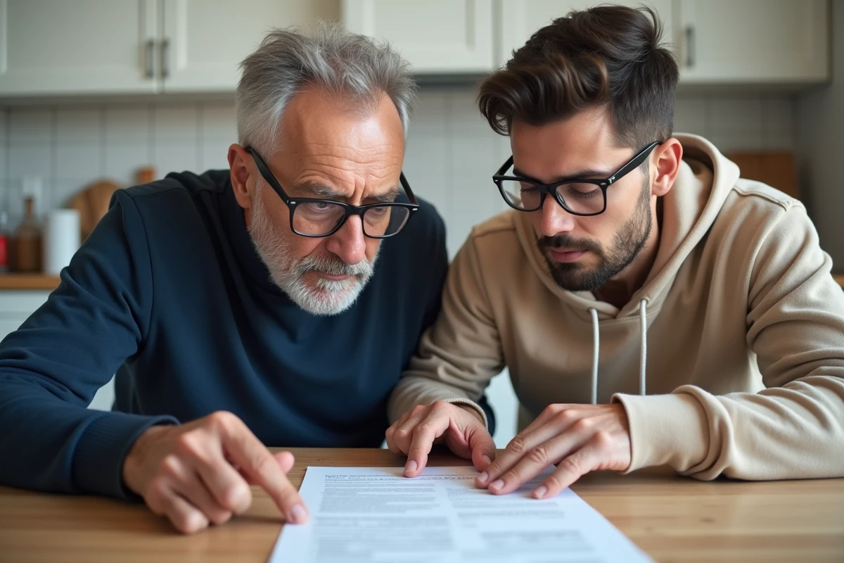 Un hébergeant et son locataire vérifient ensemble une attestation d'hébergement dans une cuisine