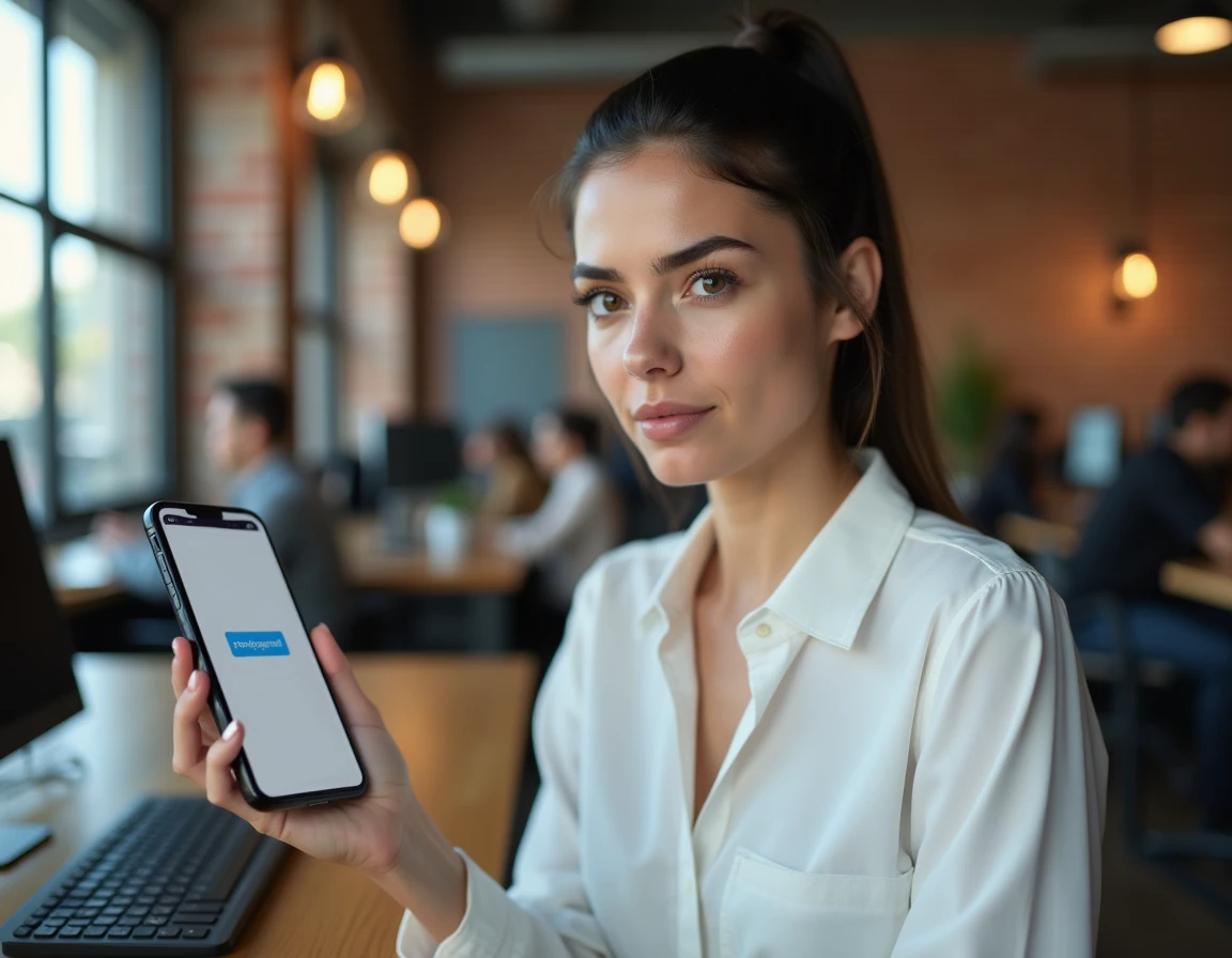 Femme examinant un nom de domaine suspect sur smartphone pour éviter les arnaques et faux sites clones
