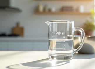 Verre mesureur rempli à 200 cl sur plan de travail lumineux