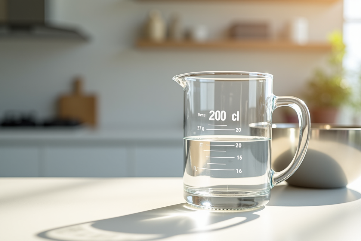 Verre mesureur rempli à 200 cl sur plan de travail lumineux
